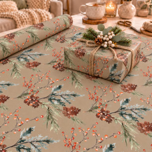 Rustic Kraft Mixed Spruce Pine Cones Red Berries Wrapping Paper
