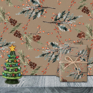 Rustic Kraft Mixed Spruce Pine Cones Red Berries Wrapping Paper Sheet