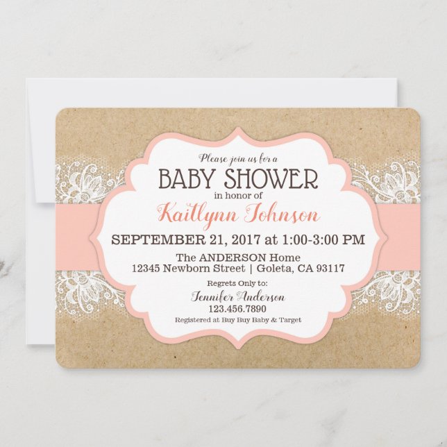 Rustic Kraft Modern Lace Coral Girl Baby Shower Invitation (Front)