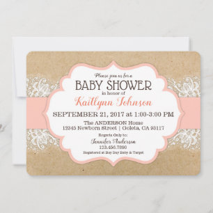 Rustic Kraft Modern Lace Coral Girl Baby Shower Invitation