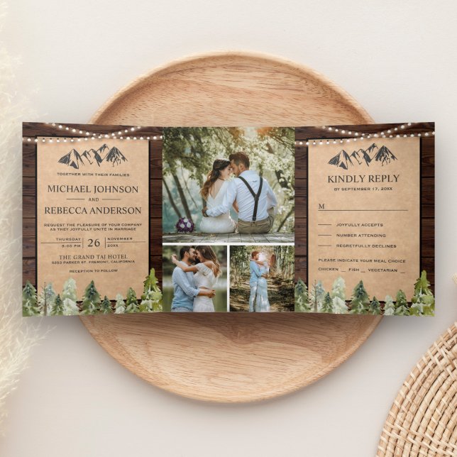 Rustic Kraft Mountain Forest Photo Collage Wedding Tri-Fold Invitation (Creator Uploaded)
