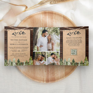 Rustic Kraft Mountain Forest Photo QR Code Wedding Tri-Fold Invitation