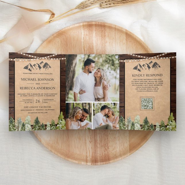Rustic Kraft Mountain Forest Photo QR Code Wedding Tri-Fold Invitation (Creator Uploaded)
