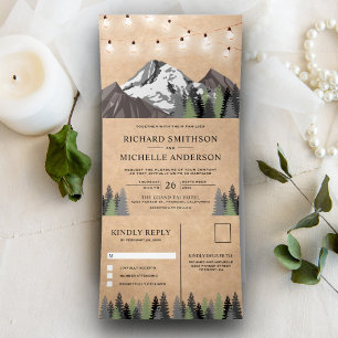 Rustic Kraft Mountain Forest String Lights Wedding Tri-Fold Invitation