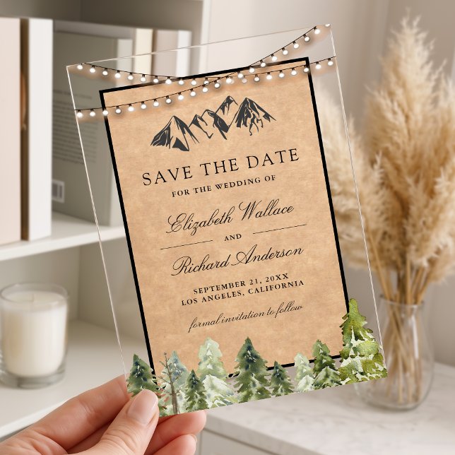 Rustic Kraft Mountain Forest Wedding Save the Date Acrylic Invitations (Creator Uploaded)