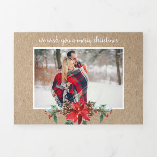 Rustic kraft multi photo Christmas Tri-Fold Holiday Card