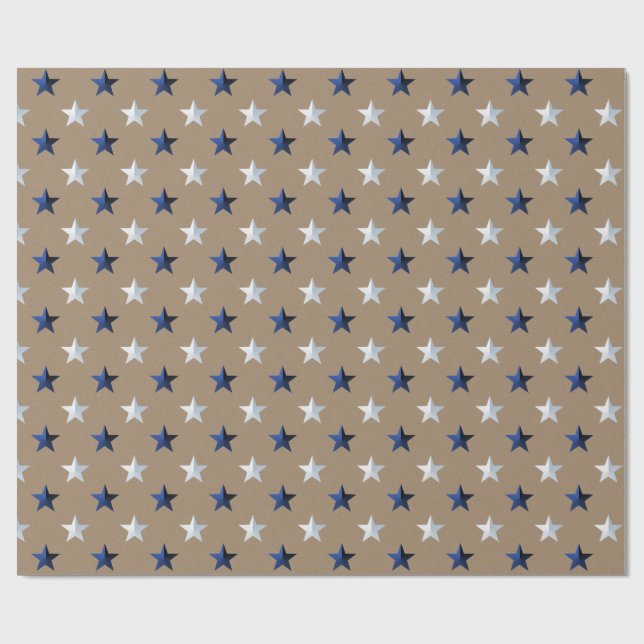 Rustic Kraft Navy Blue Silver Stars Holiday Wrapping Paper (Flat)