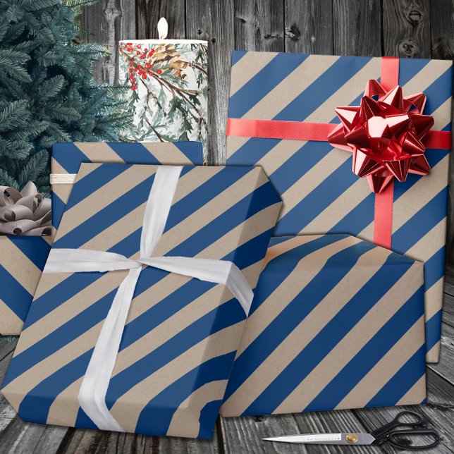 Rustic Kraft Navy Blue Wide Stripe Holiday Wrapping Paper (Rustic Kraft Navy Blue Wide Stripe Holiday Wrapping Paper In 6 & 15 Foot Long 30 Inch Wide Rolls)