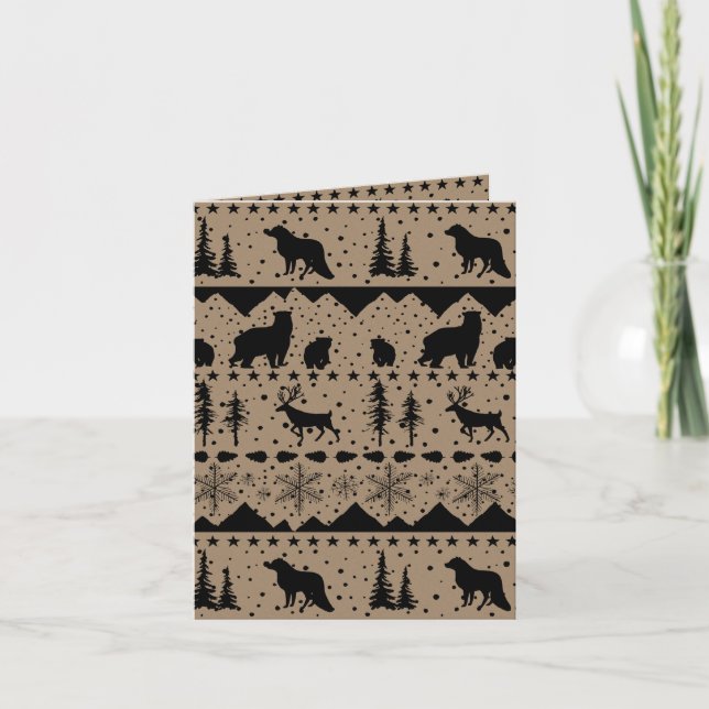 Rustic Kraft Nordic Sweater Black Winter Animals Holiday Card (Front)