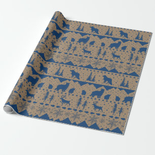 Rustic Kraft Nordic Sweater Blue Winter Animals Wrapping Paper