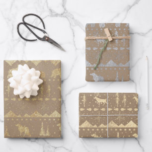 Rustic Kraft Nordic Sweater Gold Mix Winter Animal Wrapping Paper Sheet