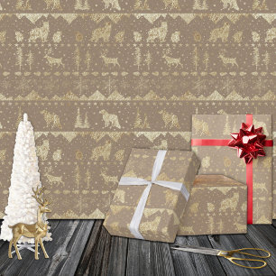 Rustic Kraft Nordic Sweater Gold Winter Animals Wrapping Paper