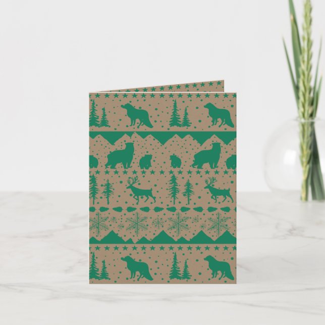 Rustic Kraft Nordic Sweater Green Winter Animals Holiday Card (Front)