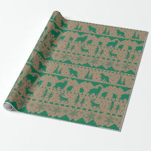 Rustic Kraft Nordic Sweater Green Winter Animals Wrapping Paper