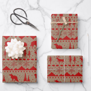 Rustic Kraft Nordic Sweater Red Winter Animals Wrapping Paper Sheet