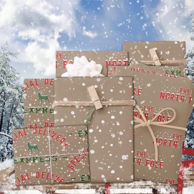 Rustic Kraft North Pole Special Delivery Add Name Wrapping Paper Sheet (Rustic Kraft Special Delivery From North Pole Add A Name Christmas Holiday Gift Wrapping Sheets Trio)