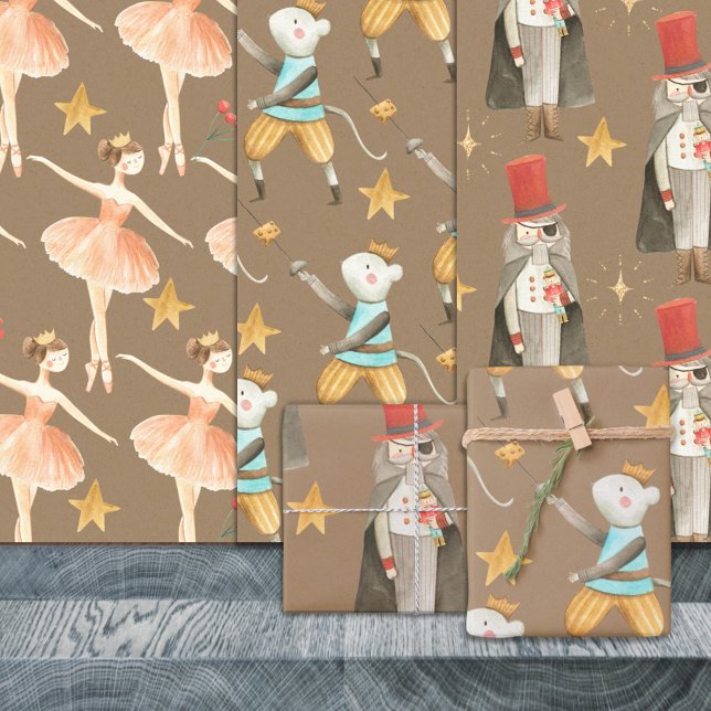 Rustic Kraft Nutcracker Ballet Christmas Holiday  Wrapping Paper Sheet (Rustic Kraft Nutcracker Christmas Holiday 2 Gift Wrapping Paper Sheets Trio)
