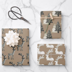Rustic Kraft Painted Reindeer Woodland Forest Wrapping Paper Sheet