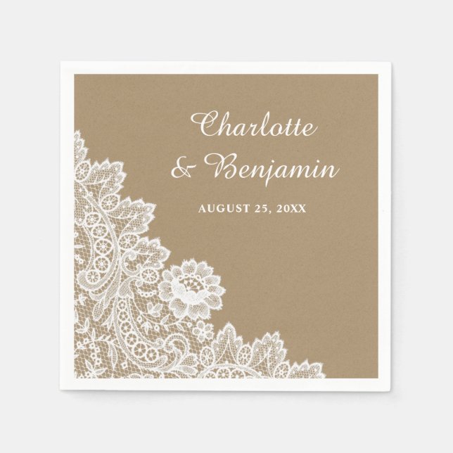 Rustic Kraft Paper and Lace Wedding Napkins (Front)