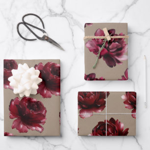 Rustic Kraft Paper Burgundy Red Peonies