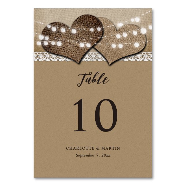 Rustic Kraft Paper Burlap Hearts Country Wedding Table Number (Front)