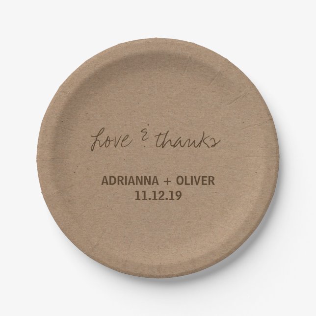 Rustic Kraft Paper Country Wedding Love & Thanks Paper Plate (Front)