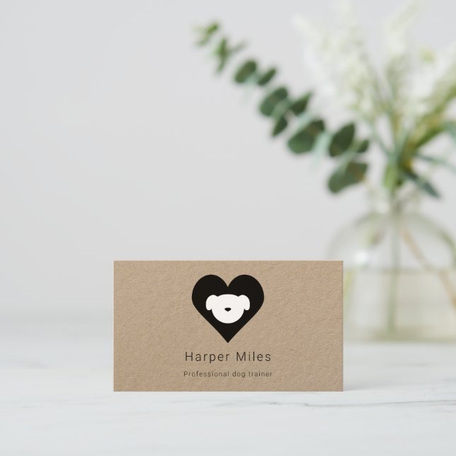 Rustic kraft paper dog in heart dog trainer business card (Standing Front)