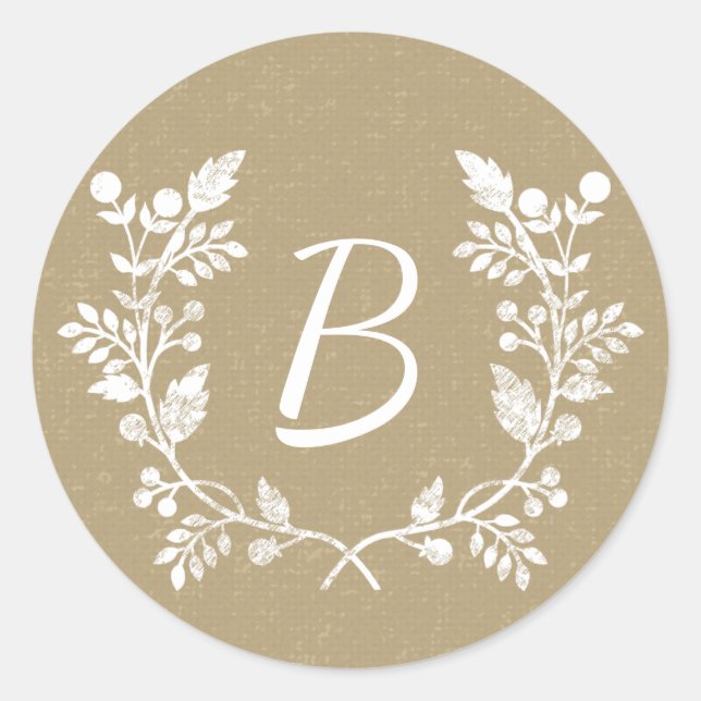 Rustic Kraft Paper Floral Wreath Custom Monogram Classic Round Sticker (Front)