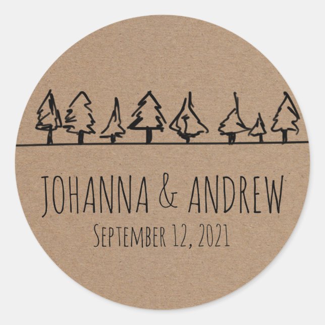 Rustic Kraft Paper Forest Tree Wedding Classic Round Sticker (Front)