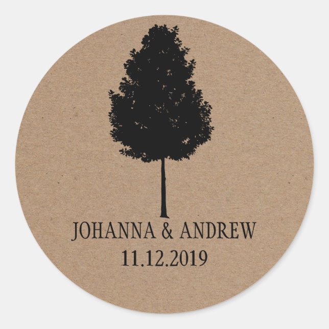 Rustic Kraft Paper Forest Tree Wedding Classic Round Sticker (Front)
