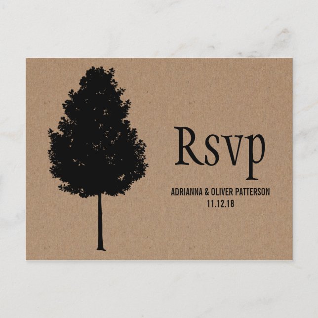 Rustic Kraft Paper Forest Tree Wedding RSVP Invitation Postcard (Front)