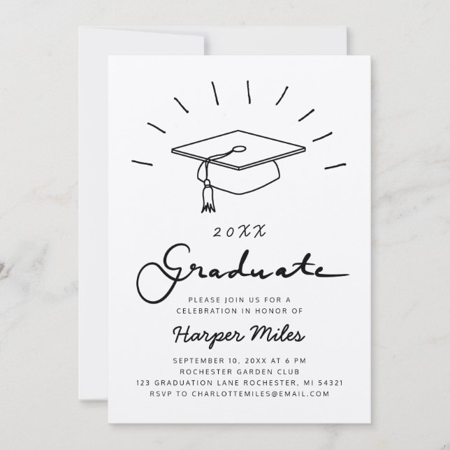 Rustic kraft paper graduation hat doodle invitation (Front)