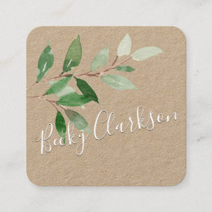 Rustic Kraft Paper Greenery White Script Square Business Card