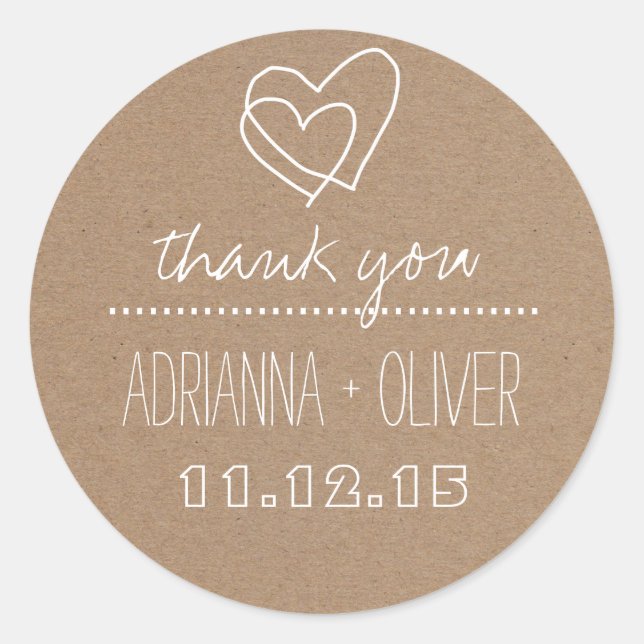 Rustic Kraft Paper| Heart Wedding Thank You Classic Round Sticker (Front)