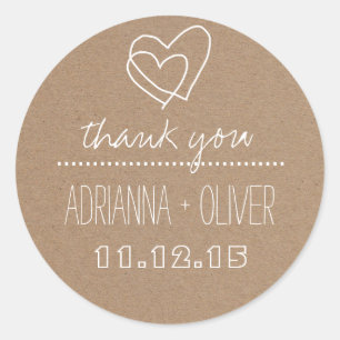 Rustic Kraft Paper Heart Wedding Thank You Classic Round Sticker