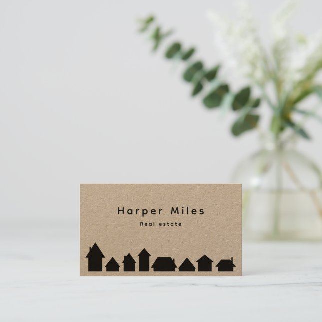 Rustic kraft paper houses silhouette real estate business card (Standing Front)