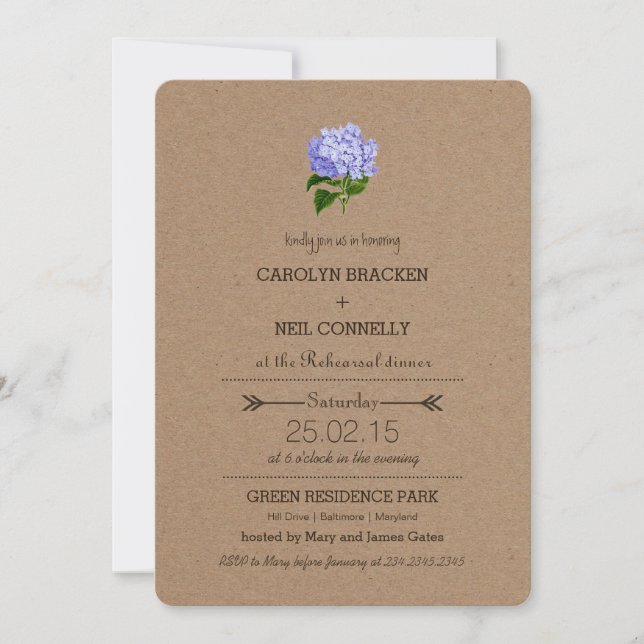Rustic Kraft Paper Hydrangea Rehearsal Dinner Invitation (Front)