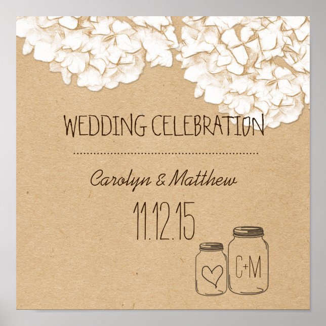 Rustic Kraft Paper Hydrangeas Floral Wedding Poster (Front)