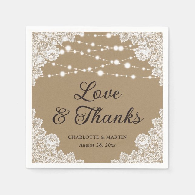 Rustic Kraft Paper Lace Love and Thanks Wedding Napkin (Front)