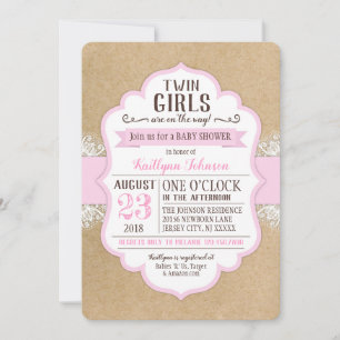 Rustic Kraft Paper Lace Pink Baby Shower Invitation