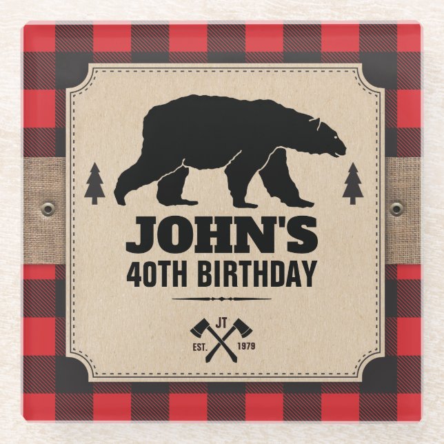 Rustic Kraft Paper Look Buffalo Plaid with Bear Glass Coaster (Front)