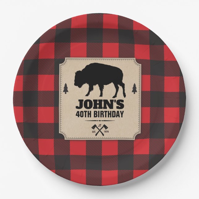 Rustic Kraft Paper Look Buffalo Plaid with Bison Paper Plate (Front)