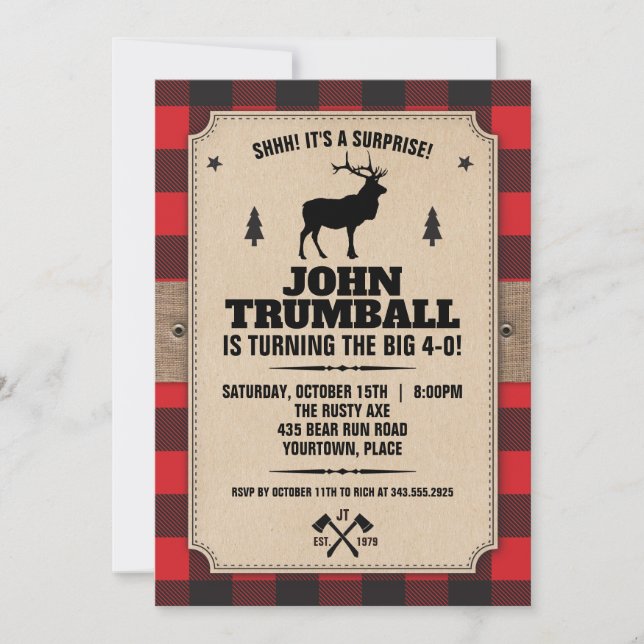 Rustic Kraft Paper Look Buffalo Plaid with Elk Invitation (Front)