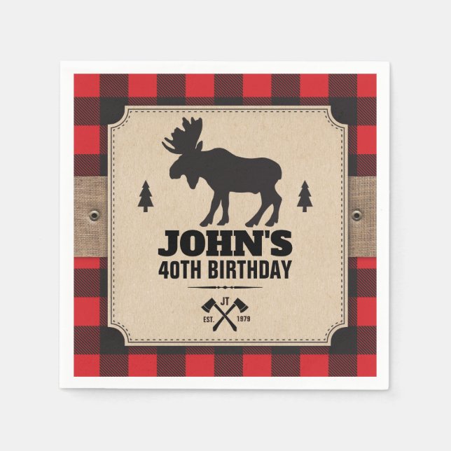 Rustic Kraft Paper Look Buffalo Plaid with Moose Napkin (Front)