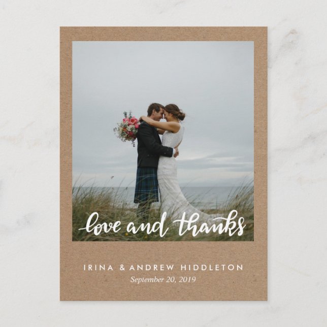 Rustic Kraft Paper Love And Thanks Script Photo Postcard (Front)
