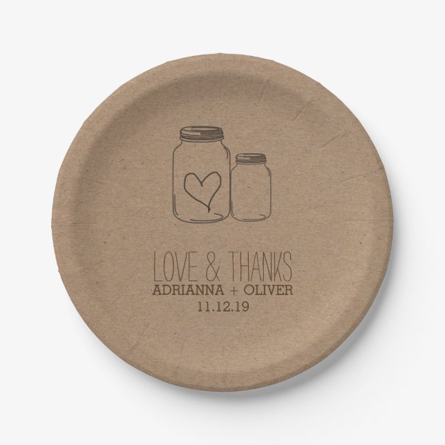 Rustic Kraft Paper Mason Jars Heart Wedding Paper Plate (Front)