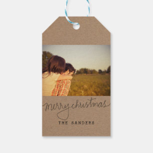 Rustic Kraft Paper Merry Christmas Script Photo Gift Tags