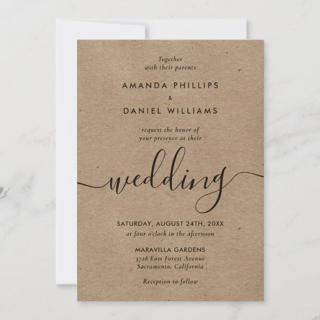 Rustic Kraft Paper Modern Script Wedding Invitation (Front)