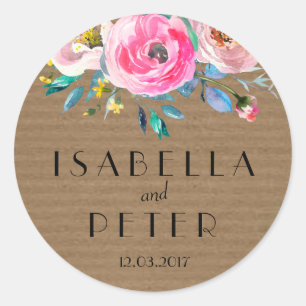 Rustic Kraft Paper Pink Floral Wedding Sticker Tag