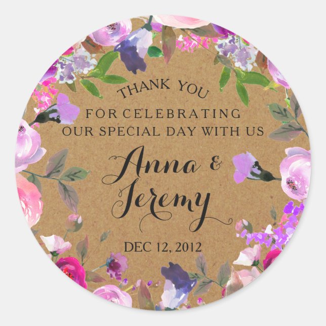Rustic Kraft Paper Purple Floral Wedding Sticker (Front)